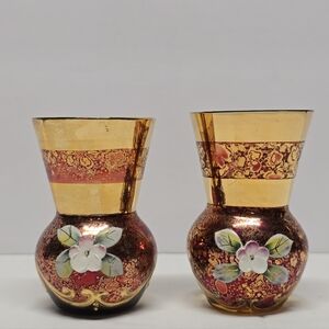 VINTAGE CZECH BOHEMIAN GLASS PINK GOLD MINI VASE WITH ENAMEL FLOWERS LOT OF 2
